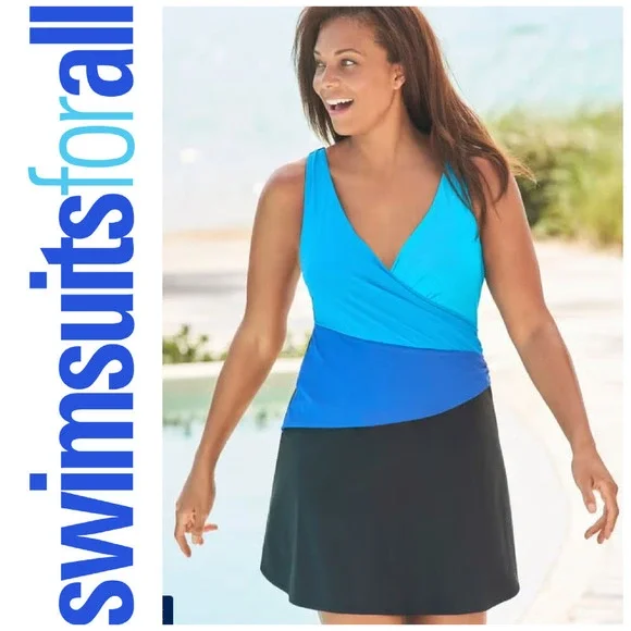 NEW Swim 365 x Swimsuits for All Plus Sz 28 Blue Crisscross Swim Dress Swimsuit - Picture 1 of 8